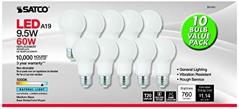 Led лампи Satco S11411 9,5 W A19, Сменяеми с мощност 60 W, естествено осветление 5000 До 760 Лумена, 10 Бр. В опаковката