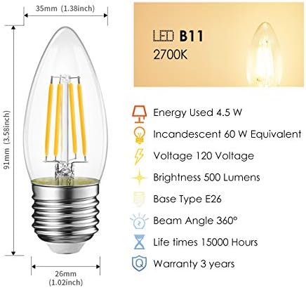 Led лампа с нажежаема жичка LVWIT B11 E26 с основа под формата на канделябра 4,5 W (еквивалент на 60 W) с регулируема яркост 2700 К, Топло бял Полилей, Декоративна лампа под формат