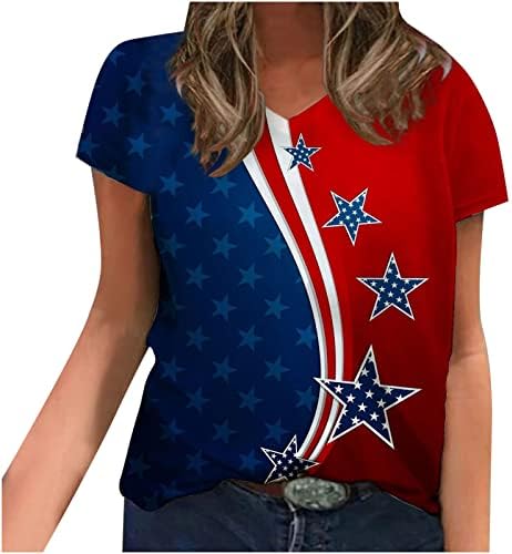 Дамски Памучен Блуза с V Образно Деколте и Образа на Американския Флаг и Звезди, Тениска за Късна Закуска, Дамски Есенно-Годишната D7