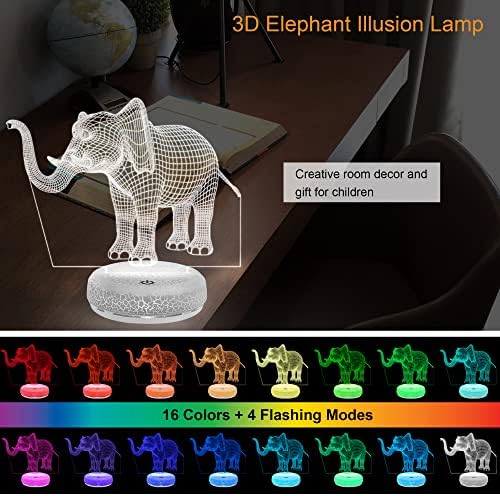 Amposei Слон Подаръци Светлина 3D Илюзия Лампа Акумулаторна 16 Цвята Променящата лека нощ Дистанционно Управление Димиране лека нощ Новост