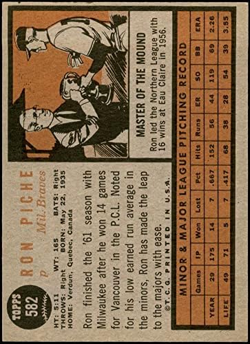 1962 Topps # 582 Рон Пиче Милуоки Брейвз (Бейзболна картичка) EX/MT Braves
