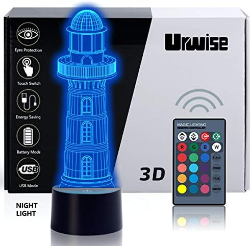 Urwise 3D Ночники с оптична илюзия на Фара, 3D Лампа Фар 16 Цветови Вариации, Интелигентна Сензорна бутон USB и се захранва от батерия,