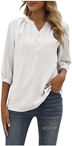 Дамски Блузи с Модерен Дизайн, Блузи с V-образно деколте и с 3/4 ръкав, Елегантен Топ, Лятна Тениска, Обикновен Дамски Модни Тениски Бял Цвят