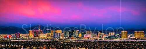 Лас Вегас 2022 Хоризонт печат на снимки БЕЗ РАМКА Цвят на Здрач Център на града 11,75 x 36 Фотографска Панорама Плакат Изображение Стандартен размер