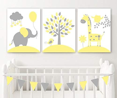 Жълто-Сива, с монтиран на стената Принт под формата на Детски любимци, Детска градина за Малките Момичета, Слон, Дърво с Жирафа, Работа в стил Сафари в Джунглата, Ком?